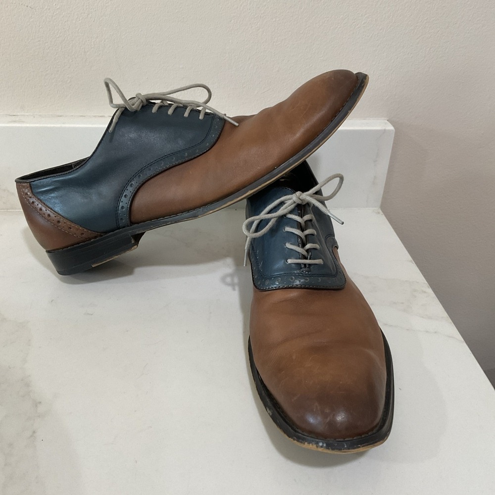 Aston Grey Mens 12 Leather Two Tone Saddle Oxford Dress Shoes Brown Navy Wingtip